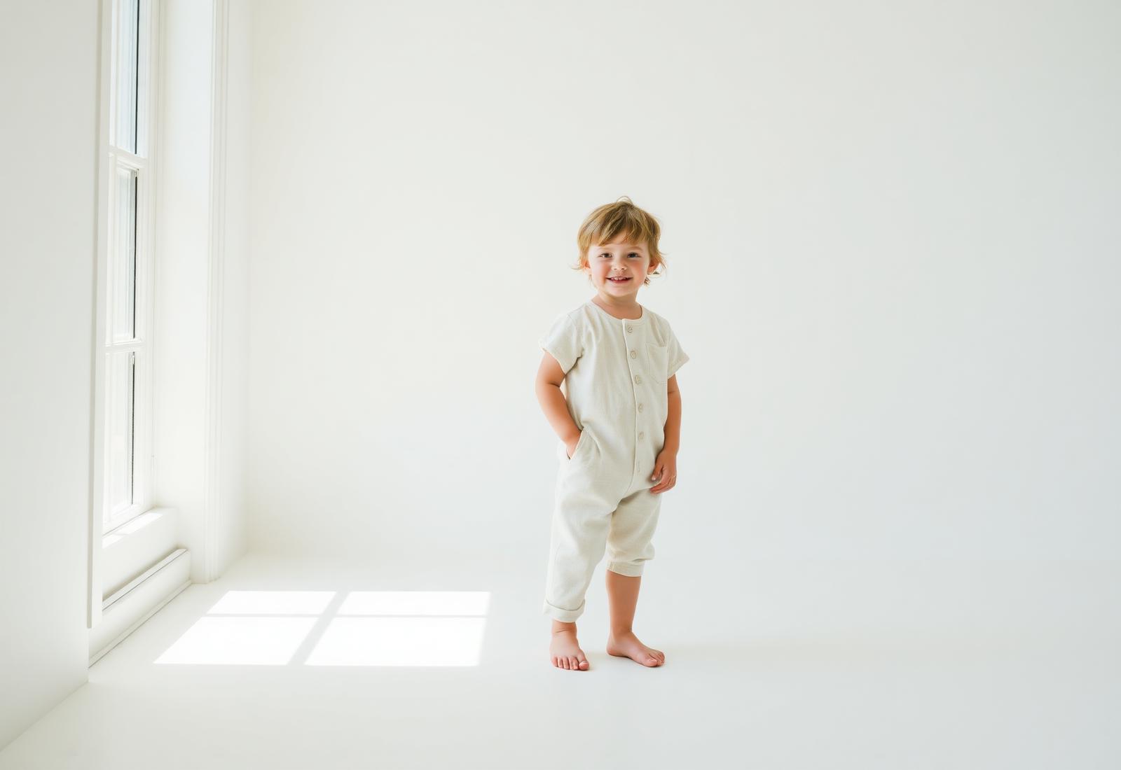 Crianças felizes vestindo roupas leves em tons de azul claro e off white