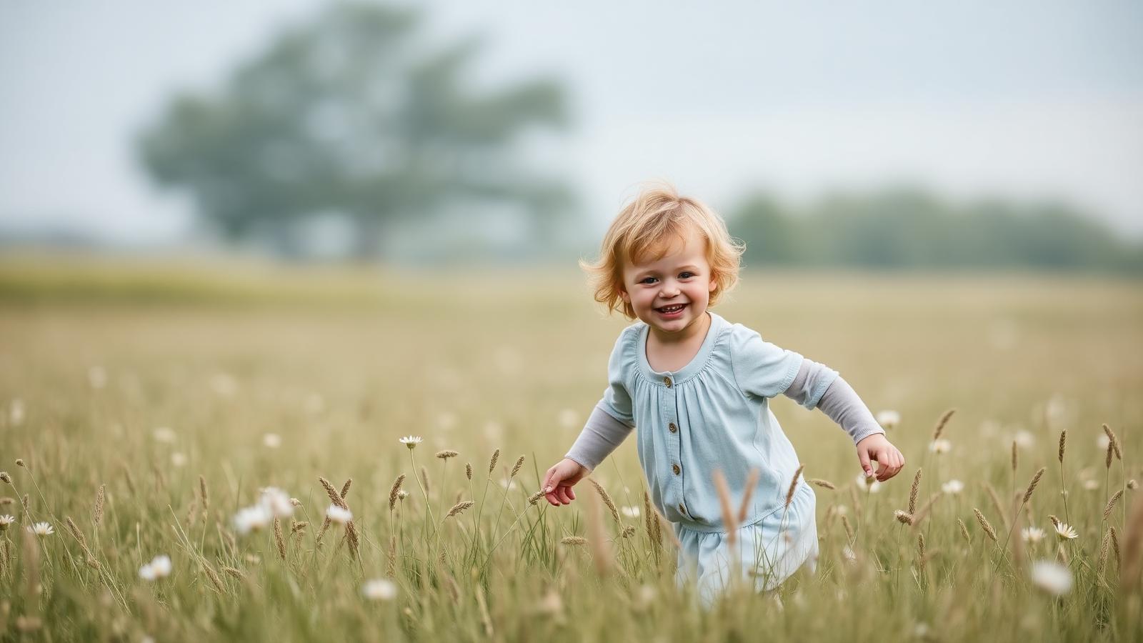 Criança correndo em campo florido usando conjunto azul claro da Dani Moda Infantil